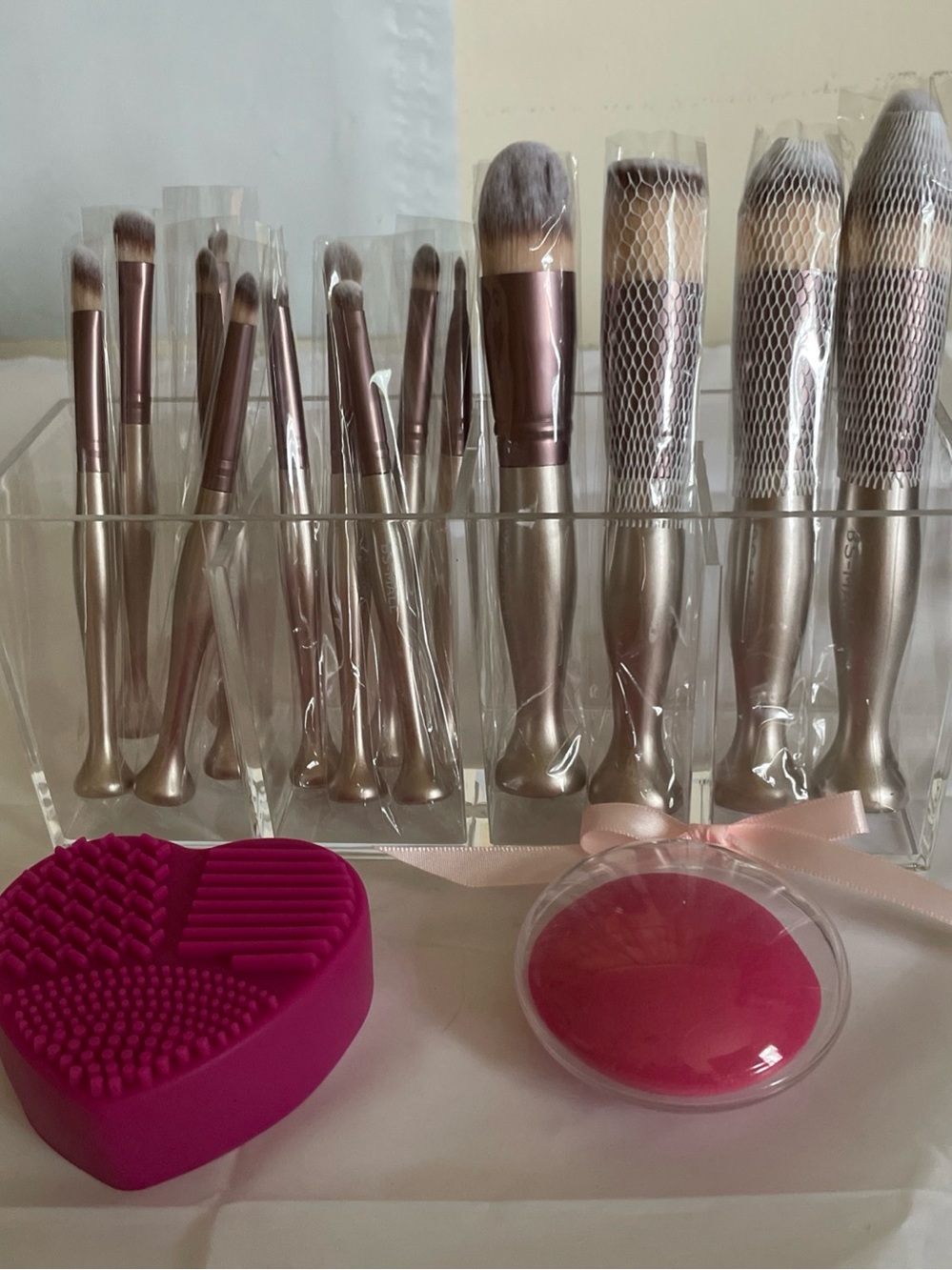 Professional Women's Makeup Brush Set with Pink Silicone Cleaner Acrylic Holder